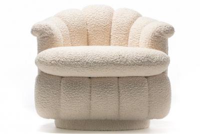 Milo Baughman Post Modern Ivory White Boucl Clam Shell Swivel Lounge Chairs