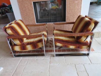 Milo Baughman Rare Pair of Super Wide Chrome Bar Milo Baughman Thayer Coggin Lounge Chairs