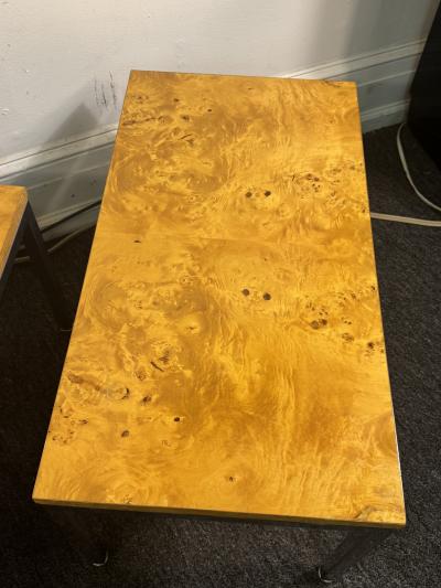 Milo Baughman STUNNING PAIR OF MID CENTURY BURLWOOD AND CHROME TABLES BY MILO BAUGHMAN