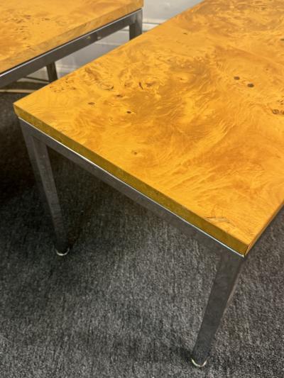 Milo Baughman STUNNING PAIR OF MID CENTURY BURLWOOD AND CHROME TABLES BY MILO BAUGHMAN