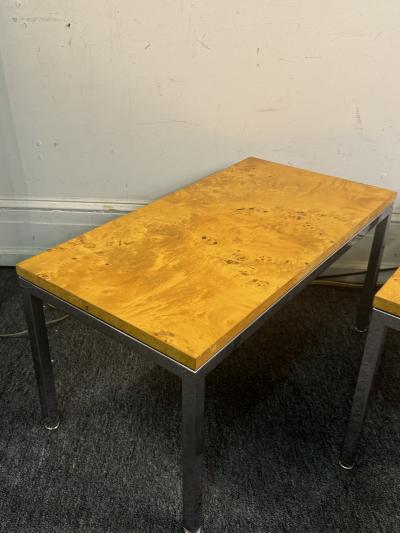 Milo Baughman STUNNING PAIR OF MID CENTURY BURLWOOD AND CHROME TABLES BY MILO BAUGHMAN