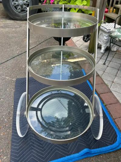 Milo Baughman Sensational 3 Tier Circular Steel Lucite Rolling Bar Cart Mid century Modern