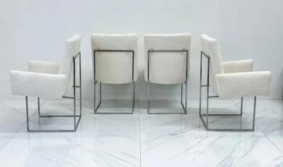 Milo Baughman Set of 4 Milo Baughman Thin Line Dining Chairs in Ivory Boucle 1970s