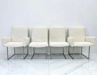 Milo Baughman Set of 4 Milo Baughman Thin Line Dining Chairs in Ivory Boucle 1970s