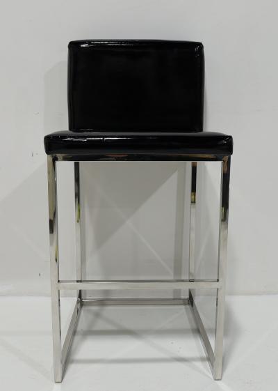 Milo Baughman Set of Six Bar Stools in Black Patent Leather with Chrome Frames