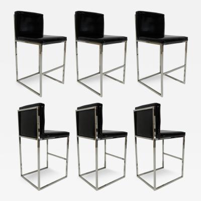 Milo Baughman Set of Six Bar Stools in Black Patent Leather with Chrome Frames
