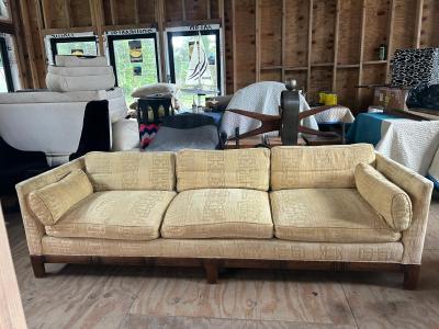 Milo Baughman Stunning Milo Baughman style Tuxedo Sofa Walnut Jack Lenor Larsen Fabric