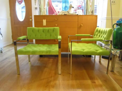 Milo Baughman Stunning Pair Mid Century Modern Tufted Chrome Flat Bar Lounge Chairs