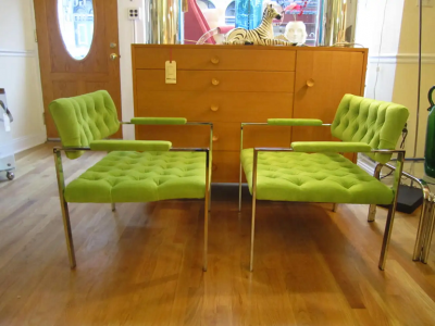 Milo Baughman Stunning Pair Mid Century Modern Tufted Chrome Flat Bar Lounge Chairs