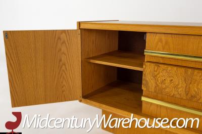 Milo Baughman Style Mid Century Burlwood and Brass Credenza