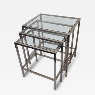 Milo Baughman Style Polished Chrome Glass Top Nesting Tables