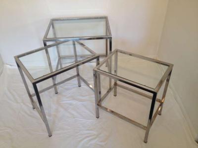 Milo Baughman Style Polished Chrome Glass Top Nesting Tables