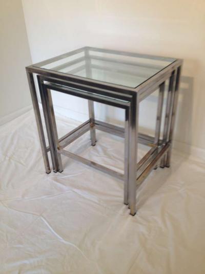 Milo Baughman Style Polished Chrome Glass Top Nesting Tables