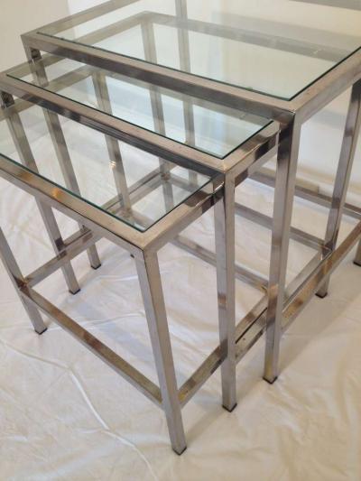 Milo Baughman Style Polished Chrome Glass Top Nesting Tables