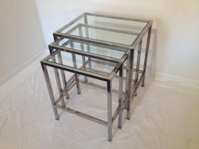 Milo Baughman Style Polished Chrome Glass Top Nesting Tables