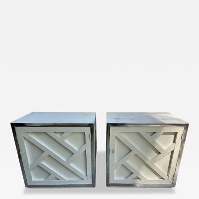 Milo Baughman Stylish Pair Lattice Front Chrome Lacquered Night Stands Mid century Modern