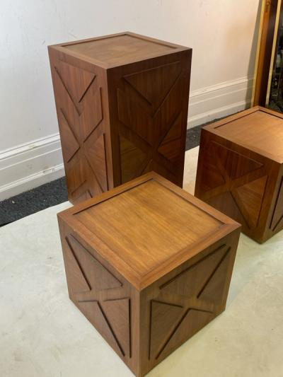 Milo Baughman TRIO OF UNUSUAL MID CENTURY MODERN WOODEN CUBES AND PEDESTAL