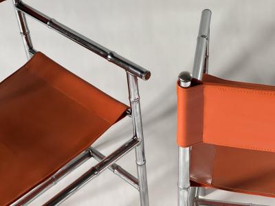 Milo Baughman Vintage Faux Bamboo directors chairs chrome and orange vinyl set of 5
