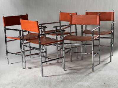 Milo Baughman Vintage Faux Bamboo directors chairs chrome and orange vinyl set of 5