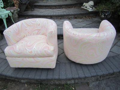 Milo Baughman Wonderful Pair Pucci Barrel Back Rolling Milo Baughman Style Lounge Chairs