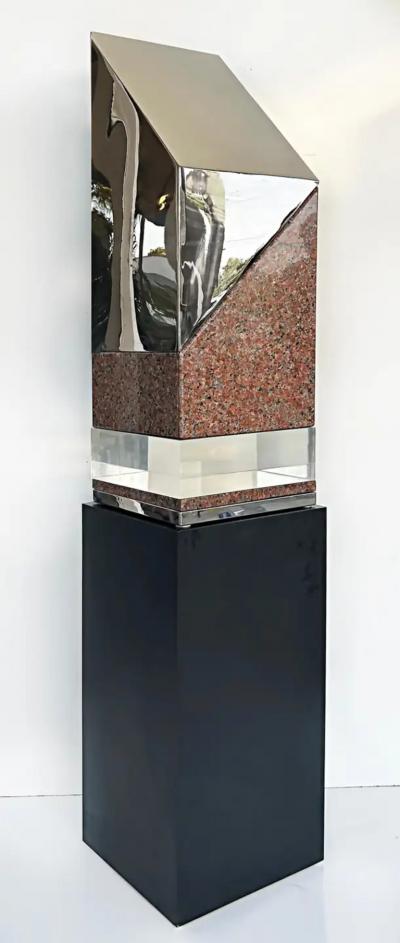 Minimalist Abstract Sculpture in Stainless Steel Granite Lucite Unsigned