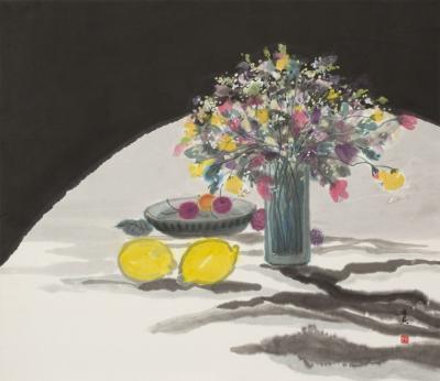 Minol Araki Table with Flower Vase Platter of Cherries and Lemons 1977
