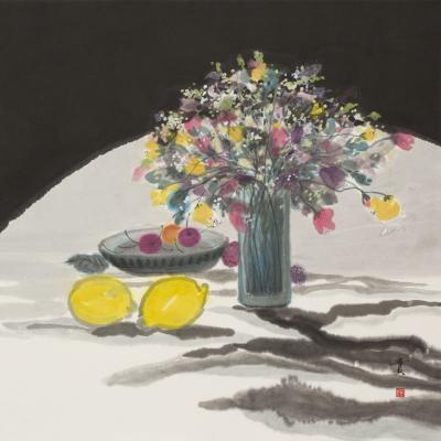 Minol Araki Table with Flower Vase Platter of Cherries and Lemons 1977