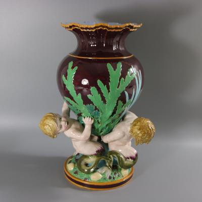 Minton Majolica Marine Vase with Merboys