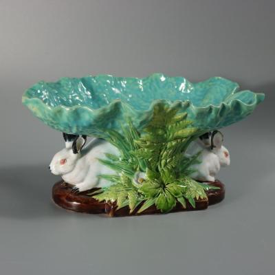 Minton Majolica Rabbits And Leaves Compote Bowl