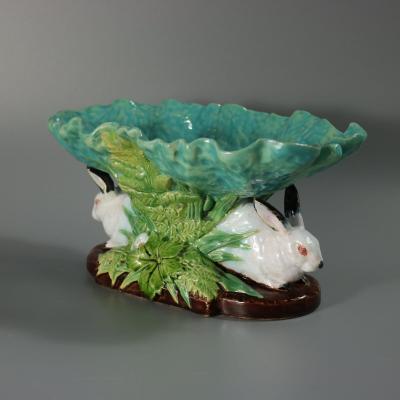 Minton Majolica Rabbits And Leaves Compote Bowl
