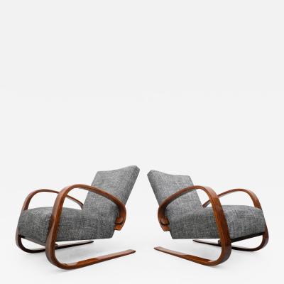 Miroslav Navratil 1930s Pair of Grey Lounge Chairs by Miroslav Navratil Walnut 