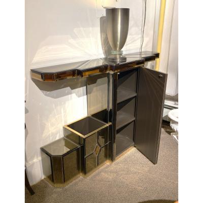 Mirror colored glass and brass console with storage