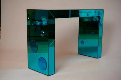 Mirrored Seagreen console table with blue glass bubble spots