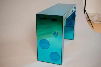 Mirrored Seagreen console table with blue glass bubble spots