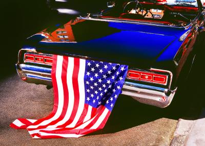 Mitchell Funk American Flag with Retro Mid Century Car Red and Blue Street Photography