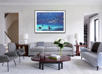 Mitchell Funk Bow Bridge Row Boats in Central Park Cerulean Blue