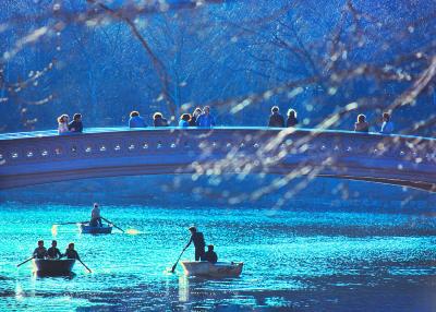 Mitchell Funk Bow Bridge Row Boats in Central Park Cerulean Blue