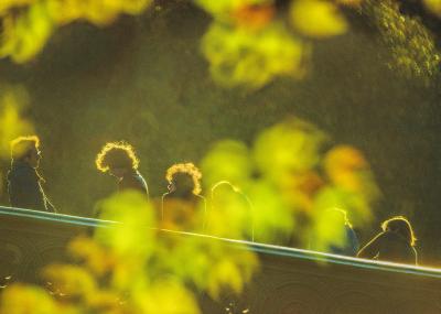 Mitchell Funk Central Park Bow Bridge with Silhouetted Figures Post Impressionist Golden Light