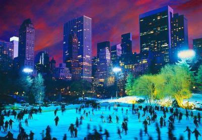 Mitchell Funk Central Park Ice Skaters at Night Purple Sky in New York City