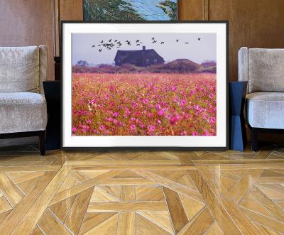 Mitchell Funk East Hampton Landscape with Field of Pink Flowers and Migrating Birds
