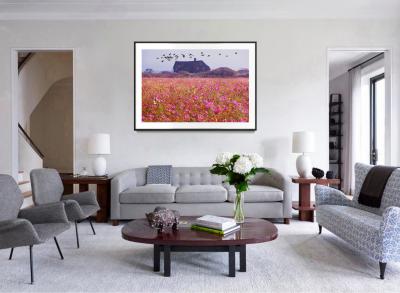 Mitchell Funk East Hampton Landscape with Field of Pink Flowers and Migrating Birds
