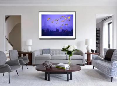 Mitchell Funk Flock of Golden Birds over Moody Manhattan Skyline at Dusk
