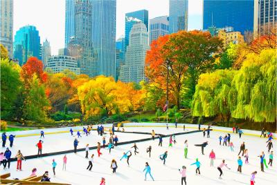 Mitchell Funk Ice Skaters in Central Park Rink Panoramic view of the Skyline Autumn Colors