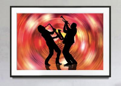 Mitchell Funk Jazz Musicians Saxophone and Trumpet Vibe in Red Swirl Music is Color