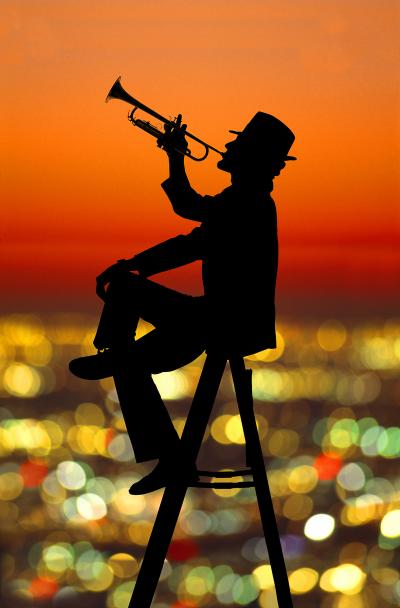 Mitchell Funk Joyful Jazz Trumpet Player in Silhouette at Orange Sunset in Los Angeles