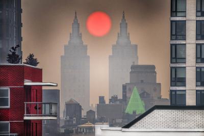 Mitchell Funk New York City Hazy Day Central Park West Towers Cradle Orange Red Sun