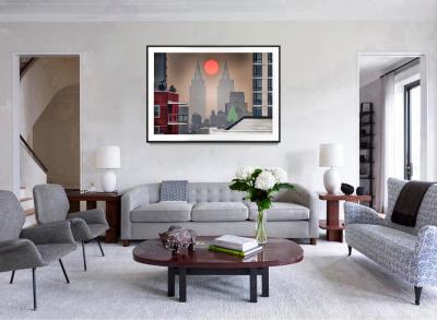 Mitchell Funk New York City Hazy Day Central Park West Towers Cradle Orange Red Sun