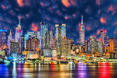 Mitchell Funk New York Skyline at Night with river reflection