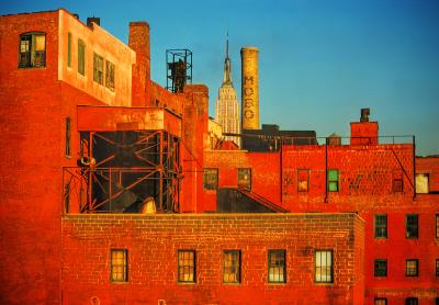Mitchell Funk Red Brick Factory Long Island City with Empire State Building in Manhattan