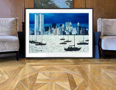 Mitchell Funk Sailboats in New York Harbor with Silver Water and Silver Light WTC